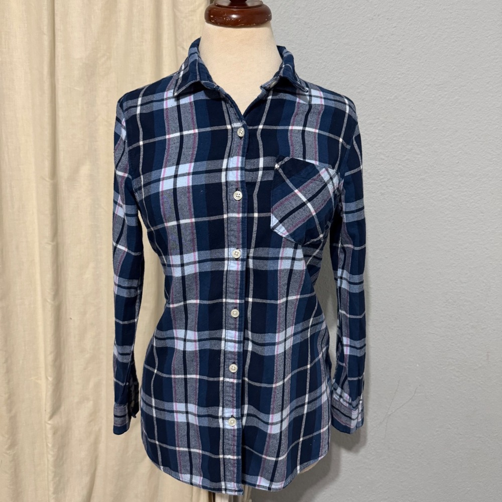Old Navy Shirt Size M Navy Blue Plaid The Tunic Shirt Long Sleeve Cotton Flannel